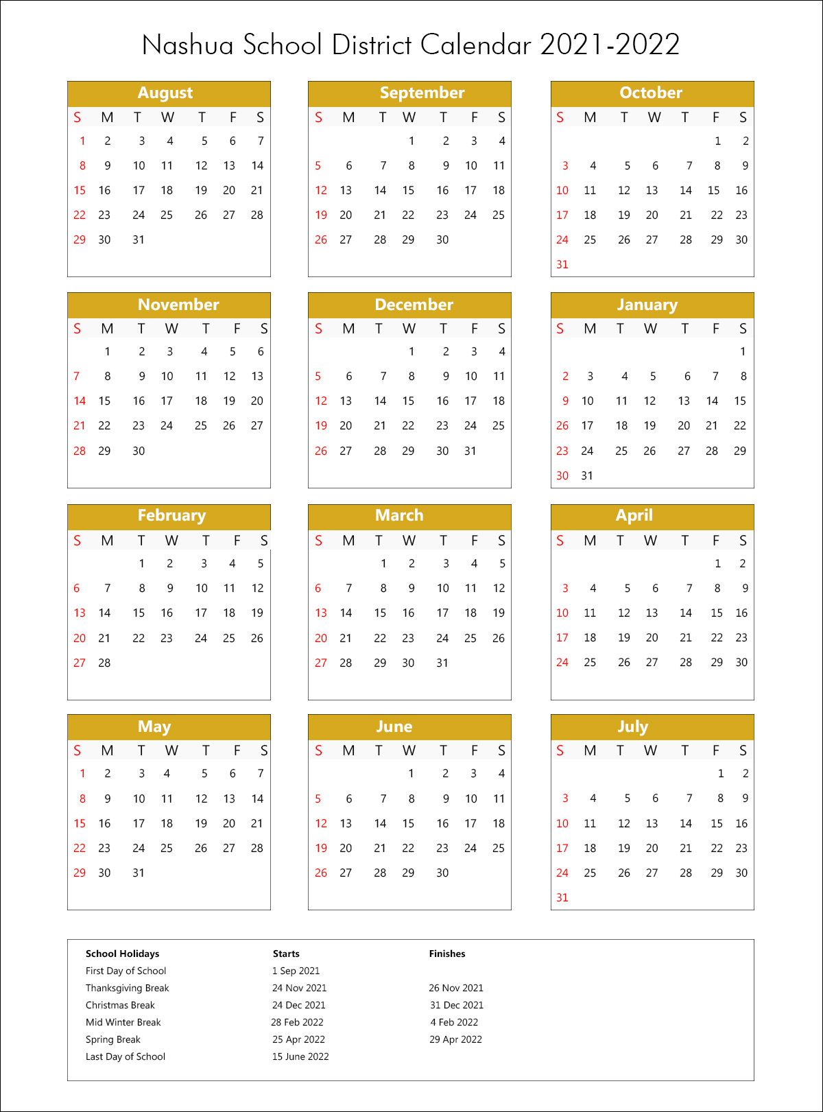 Nashua School District Calendar 2021