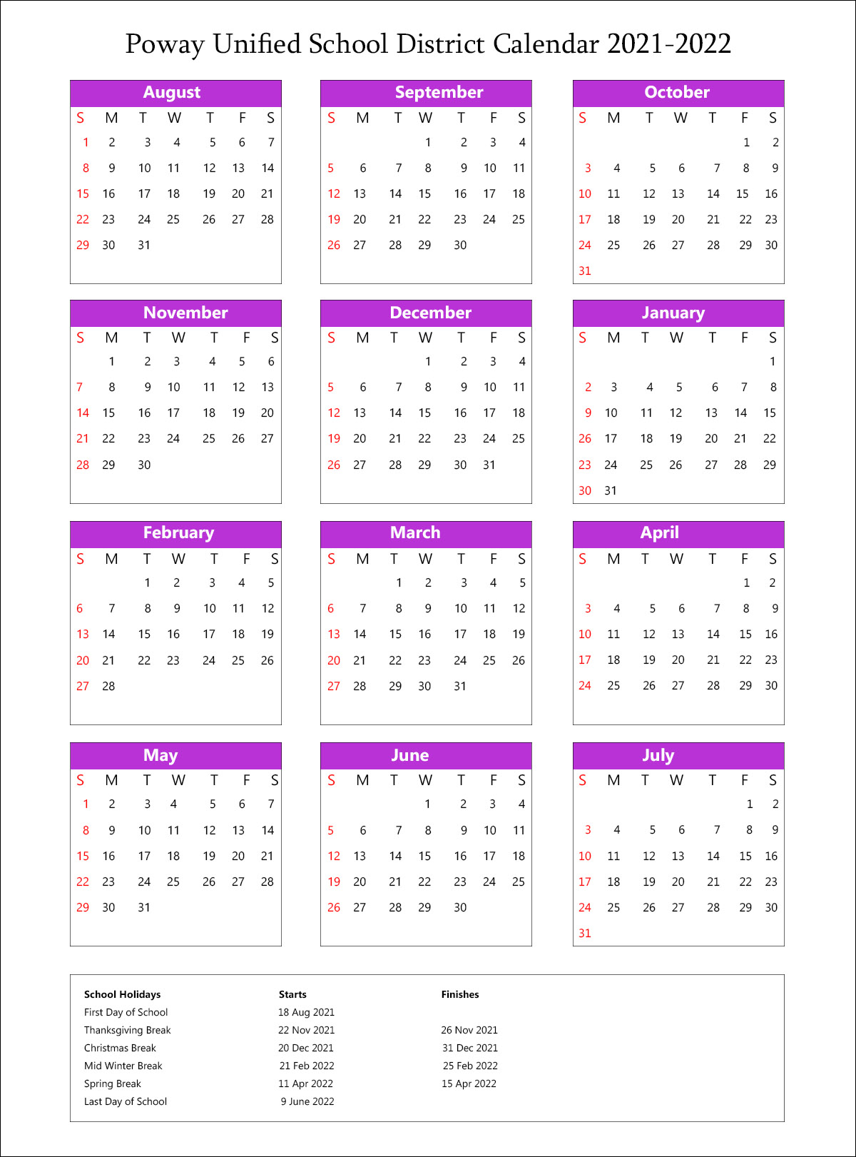 Poway Unified School District, California Calendar Holidays 2021