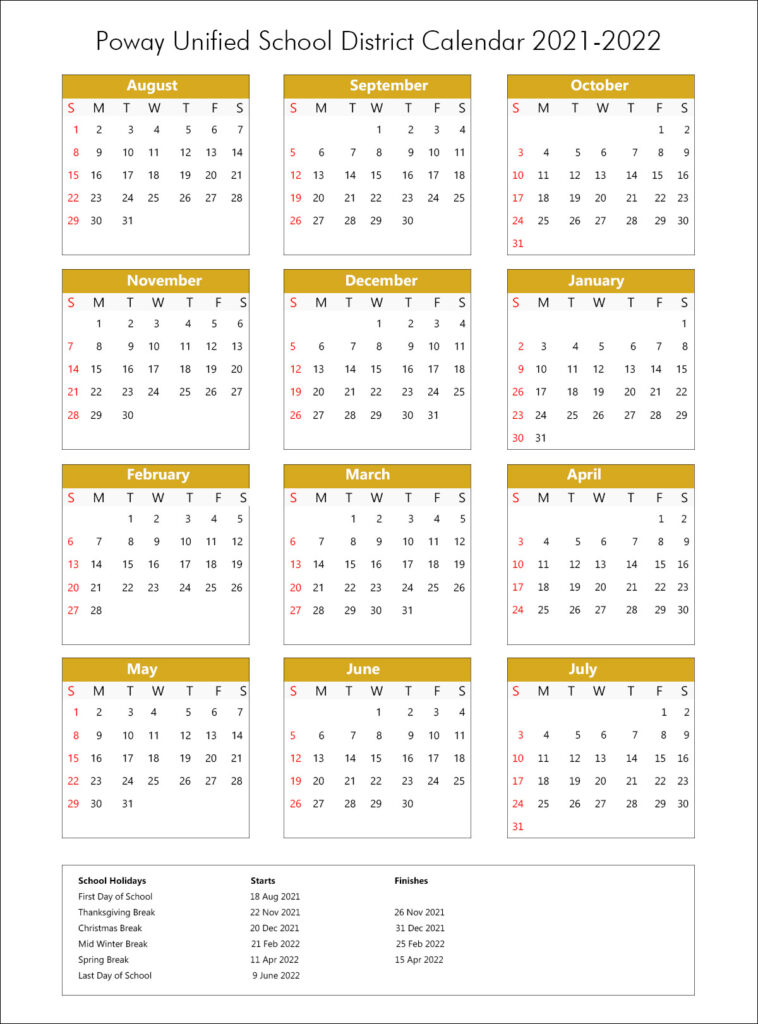 Poway Unified School District Calendar Holidays 2021-2022