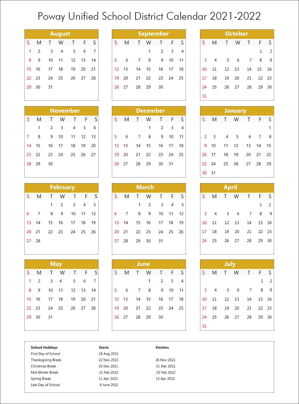 Poway Unified School District Calendar 2021