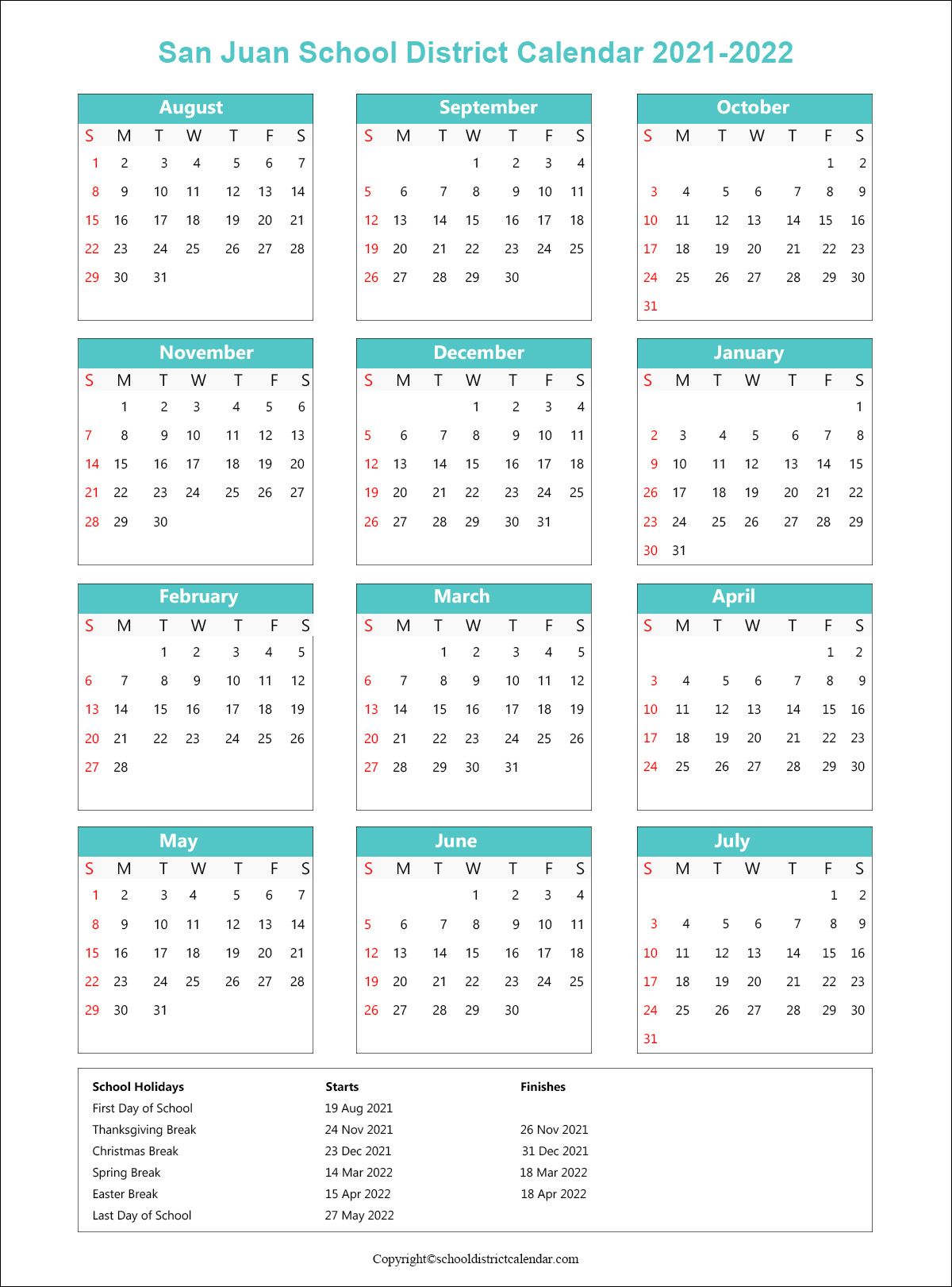 San Juan Unified School District Calendar 2021