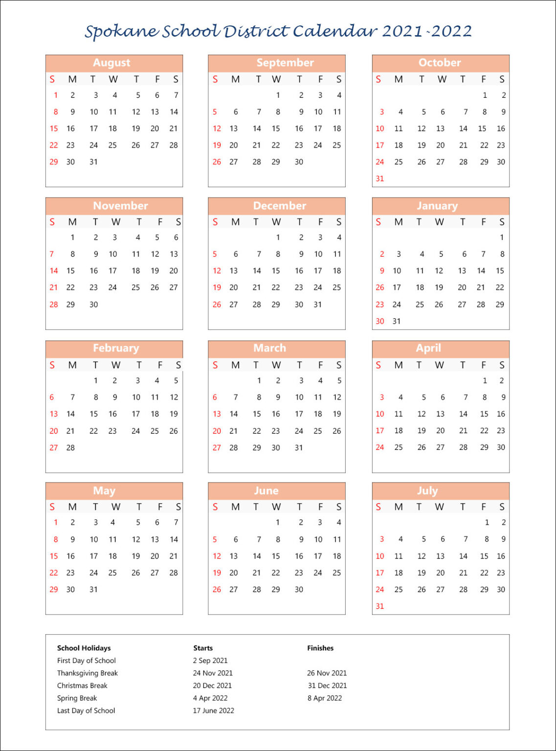 Spokane School District Calendar Holidays 2021-2022