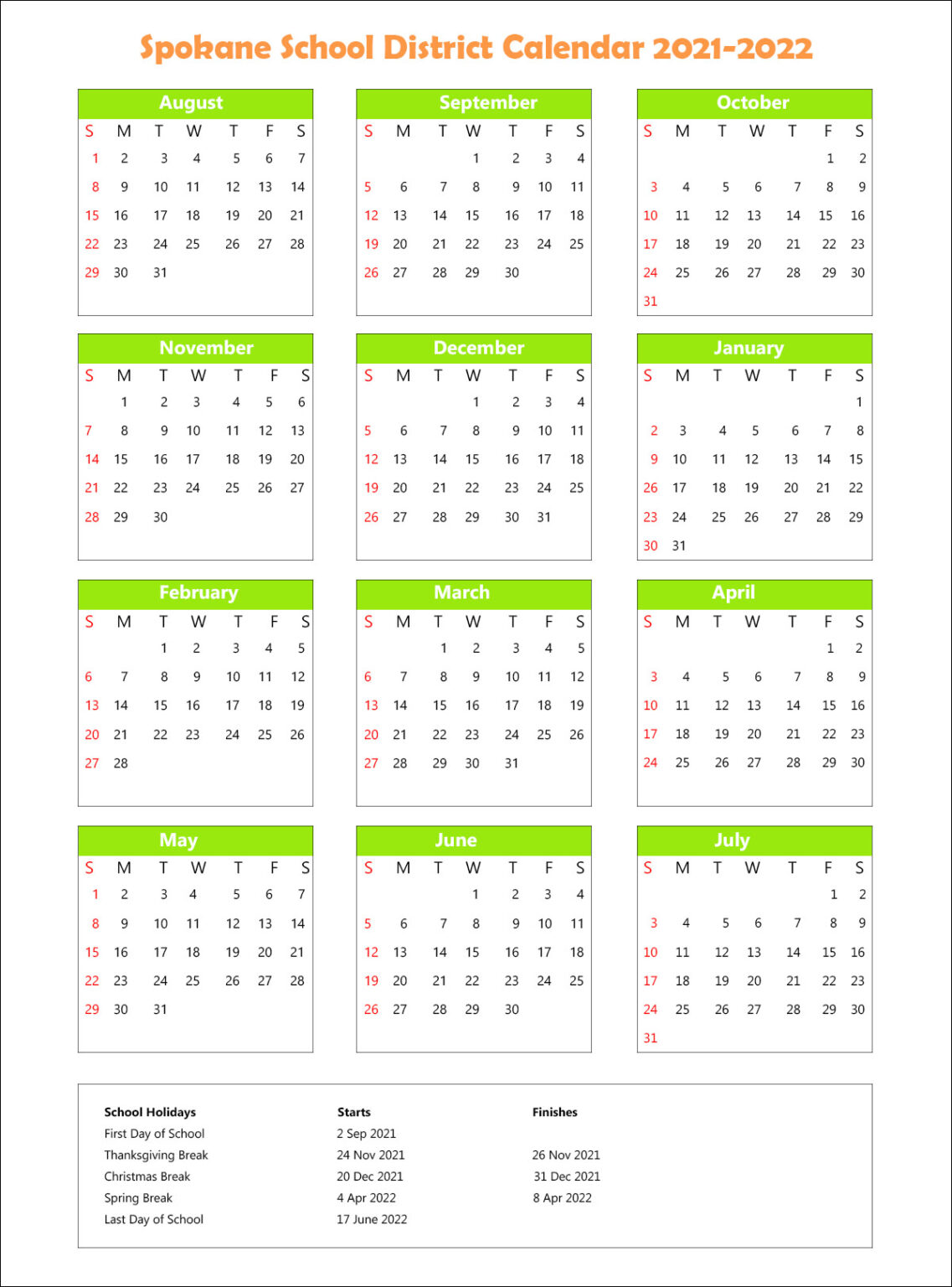 Spokane School District Calendar Holidays 2021-2022