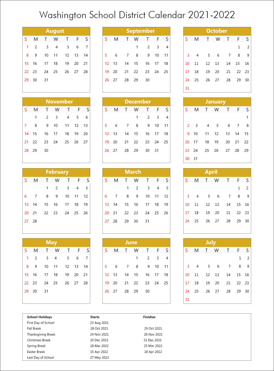 Washington School District Calendar Holidays 2021-2022