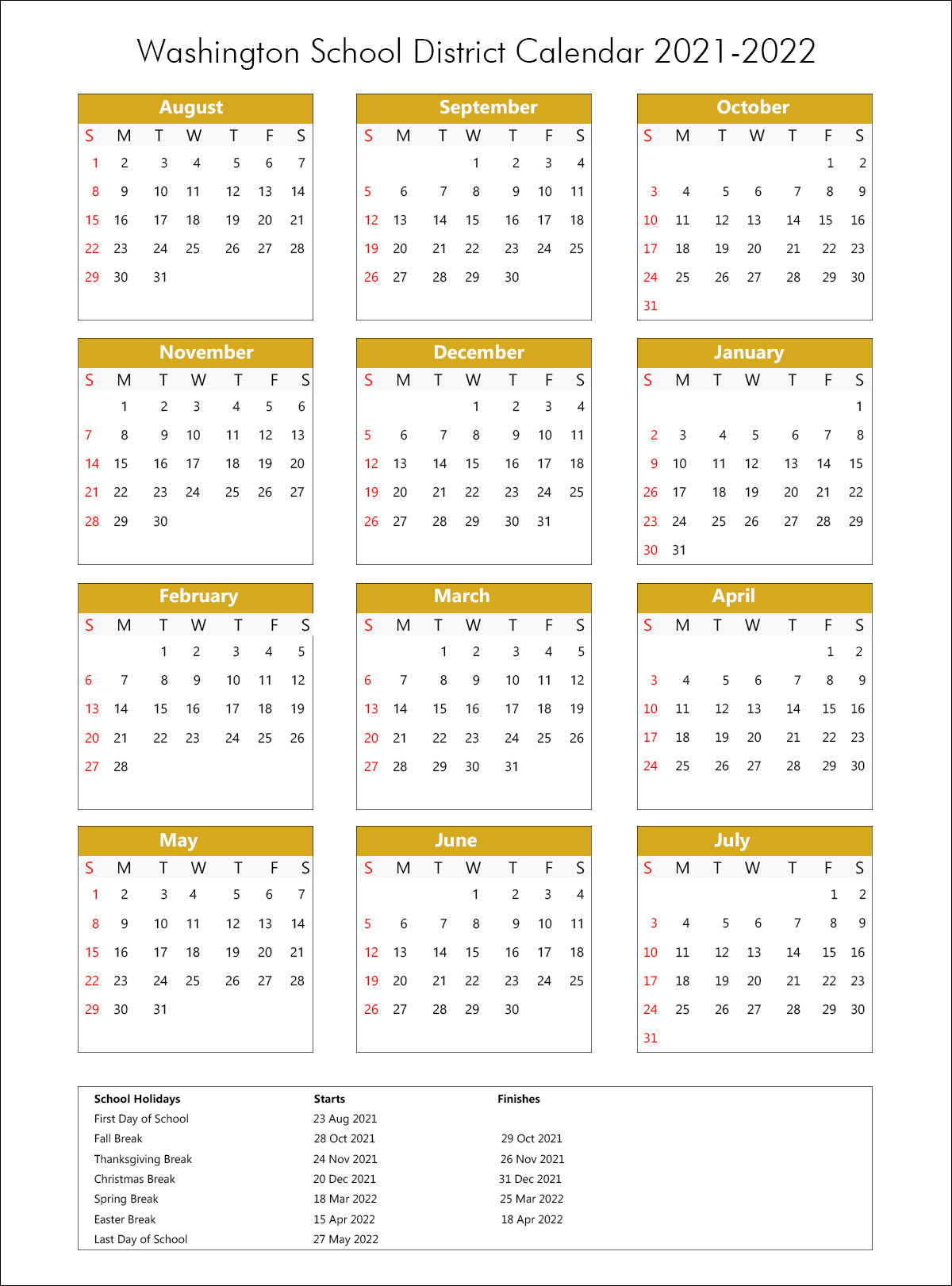Washington School District Calendar 2021