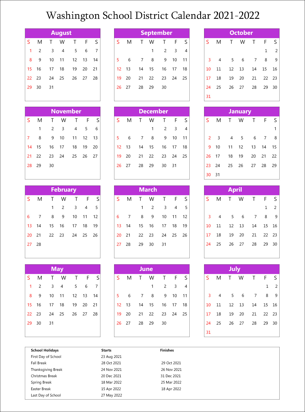 Washington School District, Pennsylvania Calendar Holidays 2021