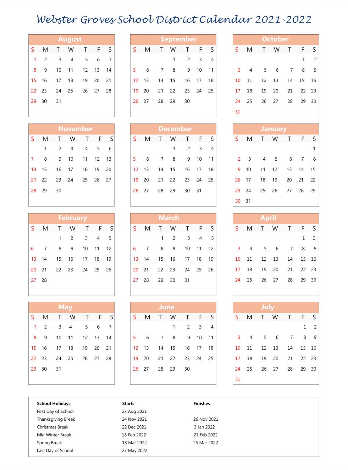 Webster Groves School District Calendar Holidays 2021-2022