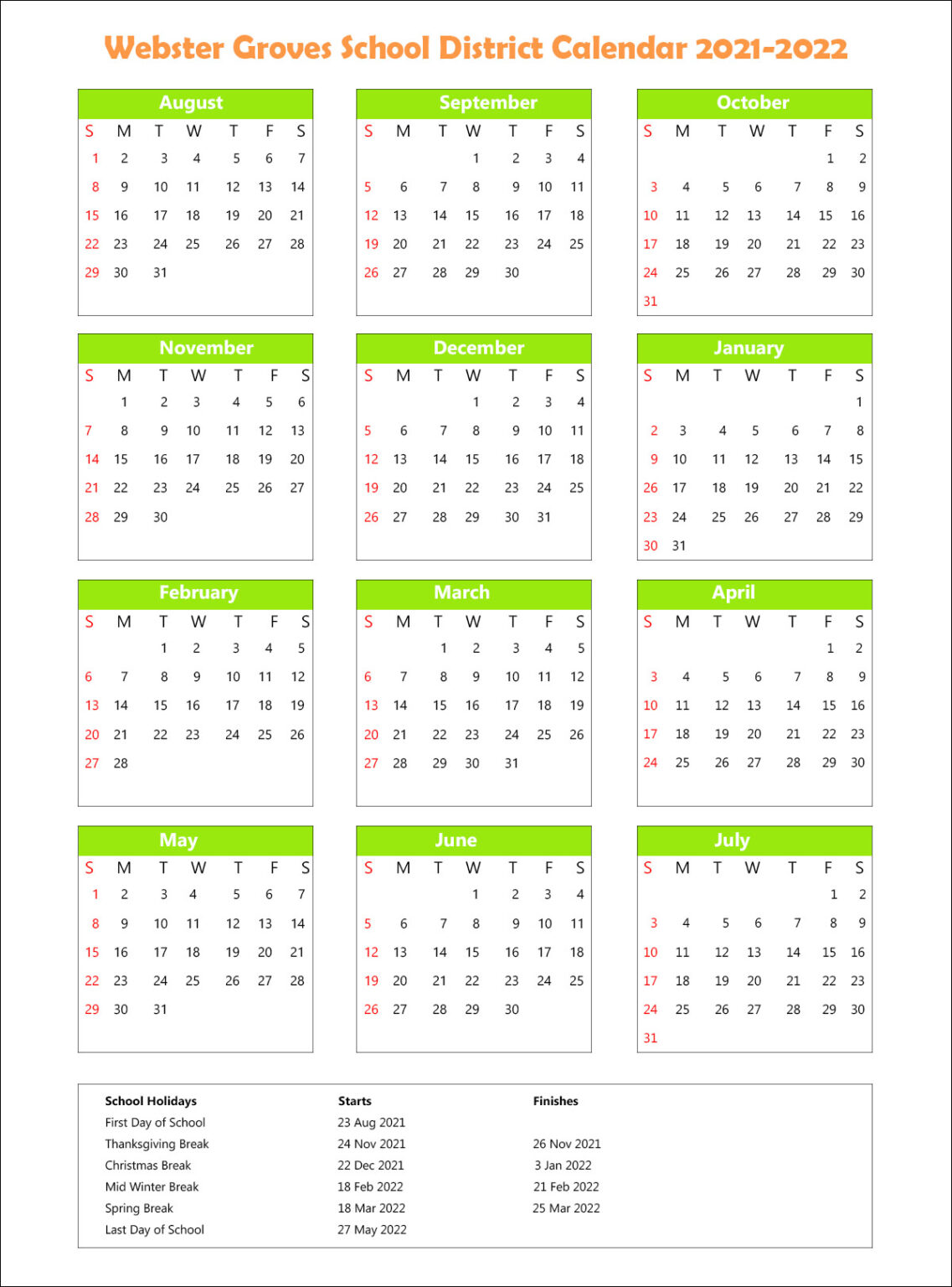 Webster Groves School District Calendar Holidays 2021-2022