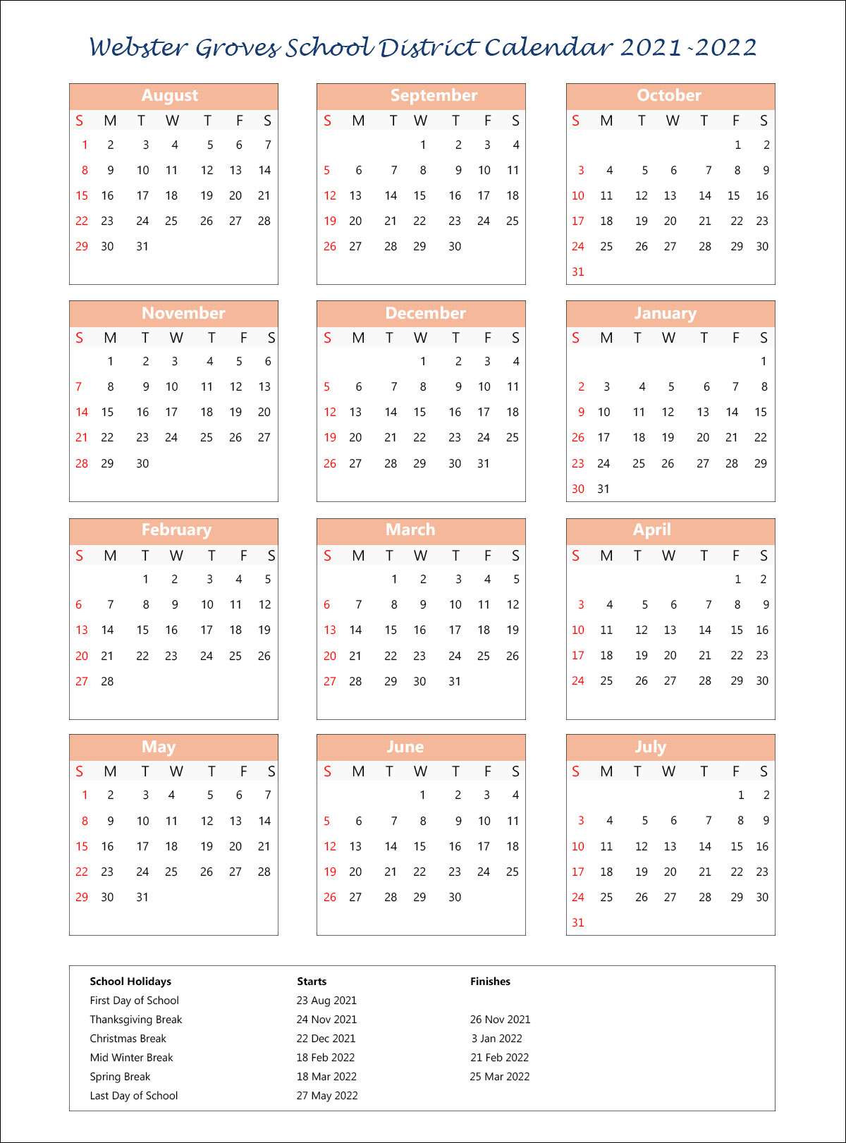 Webster Groves School District Calendar 2021