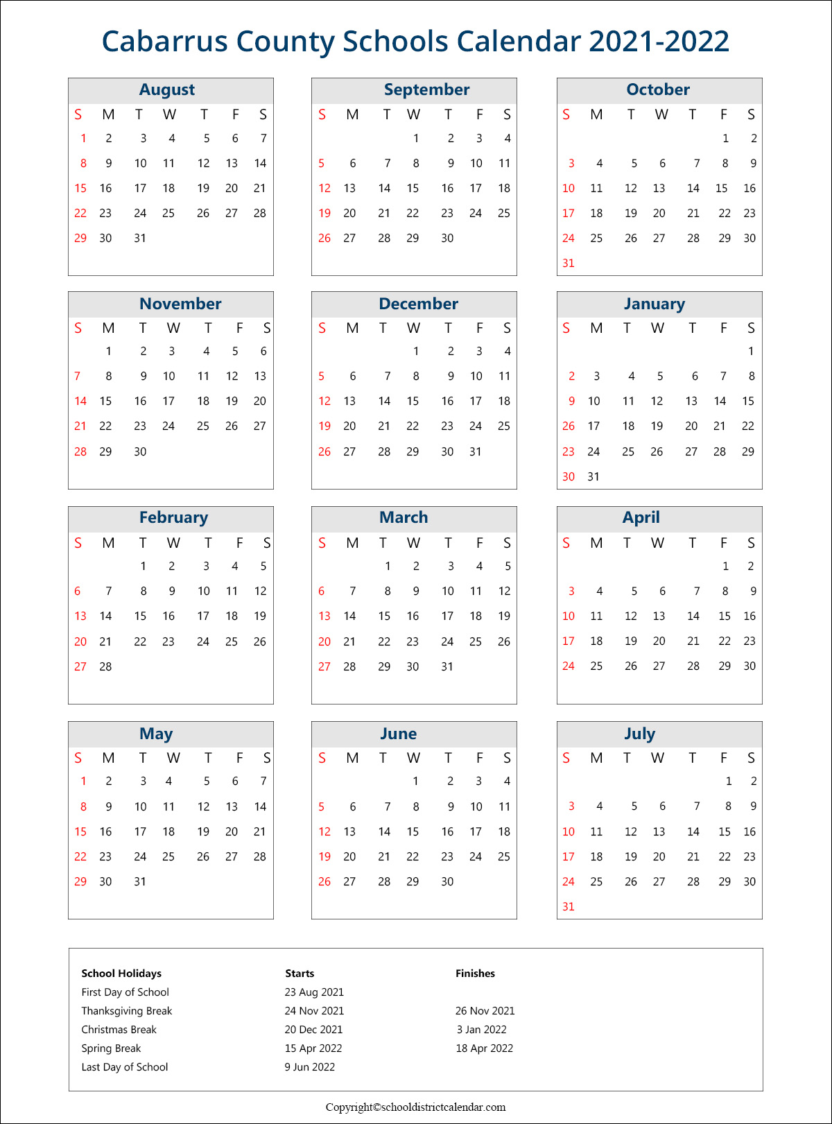 Cabarrus County Schools District, North Carolina Calendar Holidays 2021