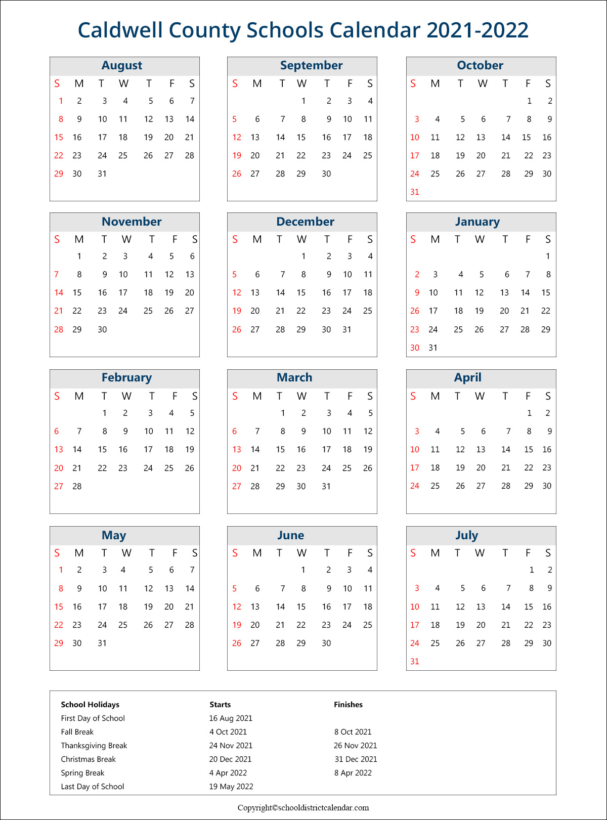 Caldwell County Schools Calendar Holidays 20222023