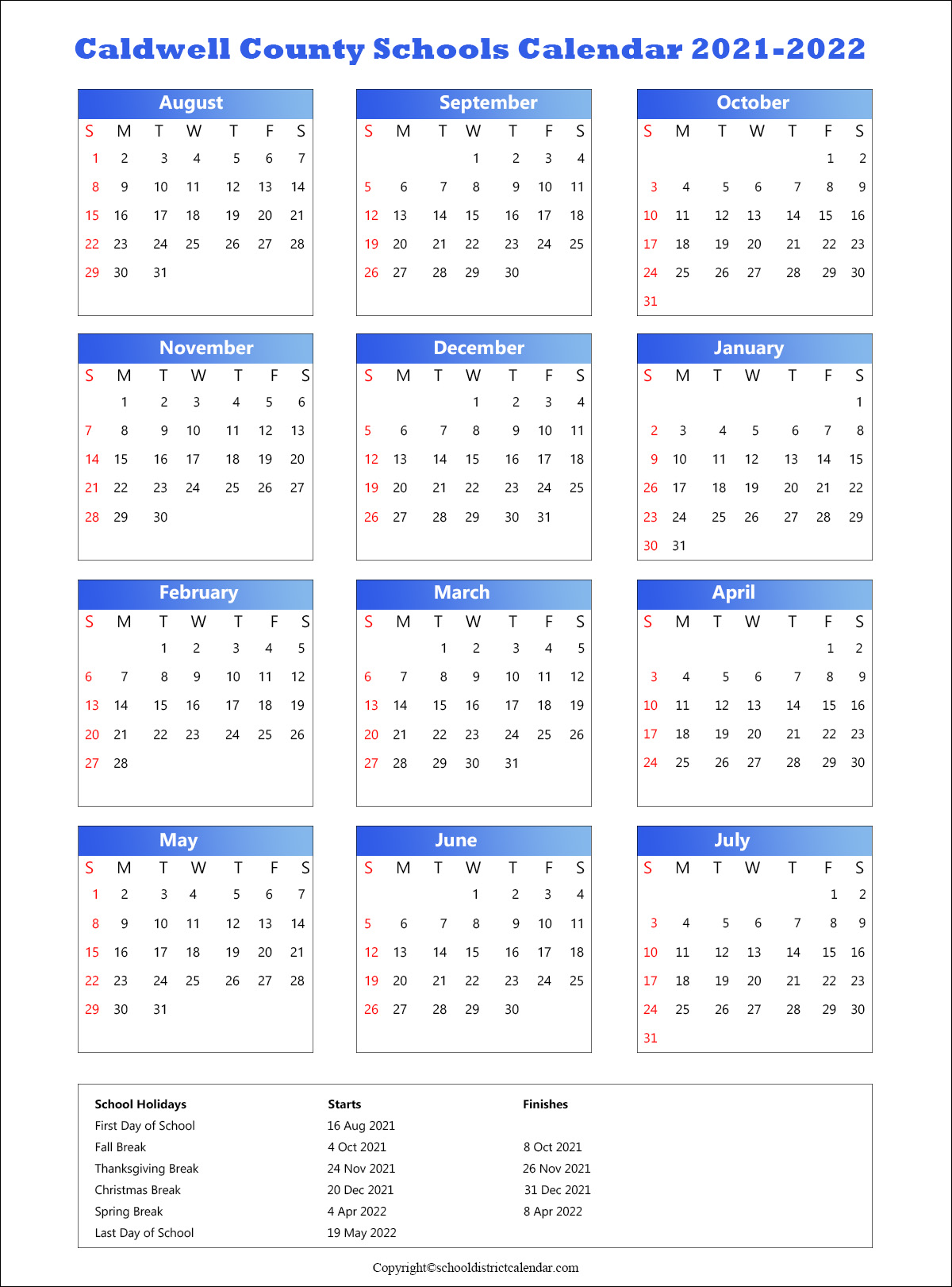 Caldwell County Schools Calendar Holidays 2021-2022