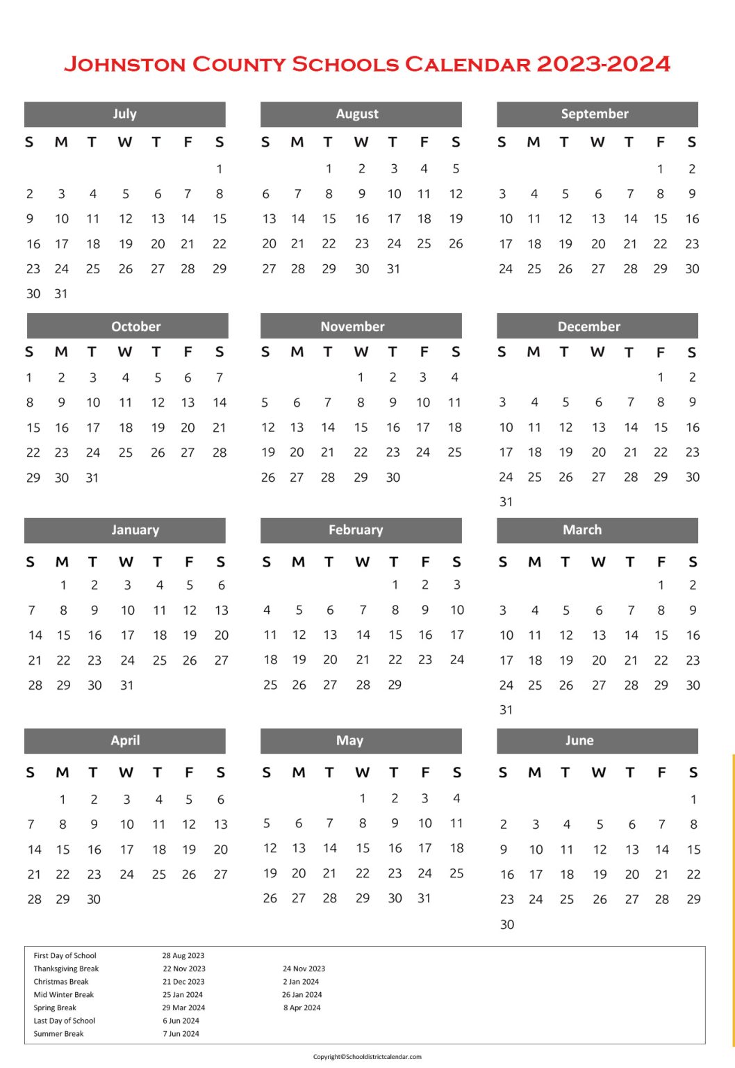 Johnston County Schools District Calendar Holidays 20232024