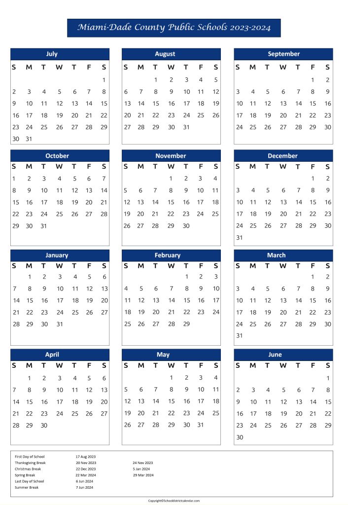 Calendar for Miami-Dade County Public School
