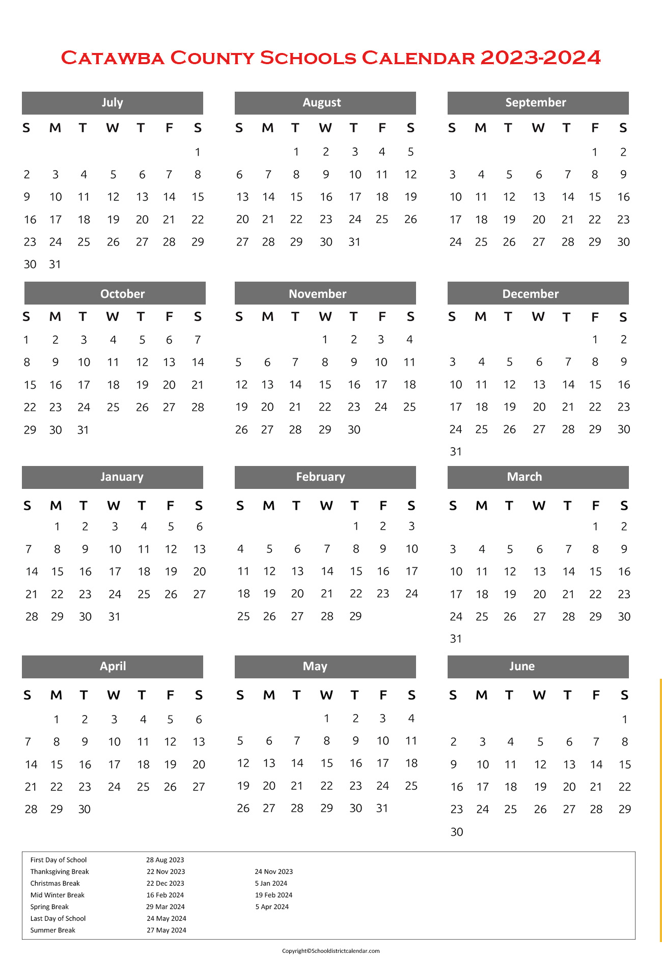 Catawba County Schools District Calendar Holidays 20232024