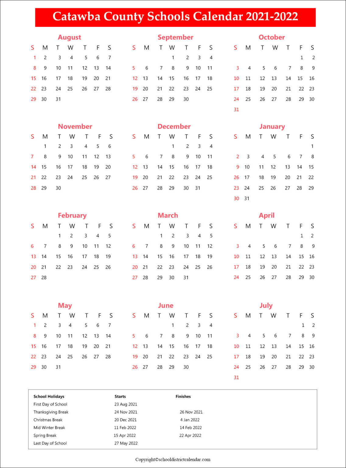 Catawba County Schools District Calendar Holidays 2021 2022