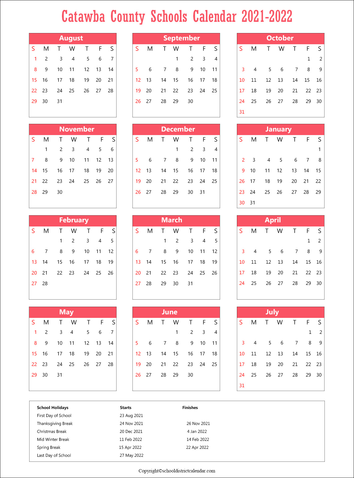Catawba County Schools District, Newton Calendar Holidays 2021