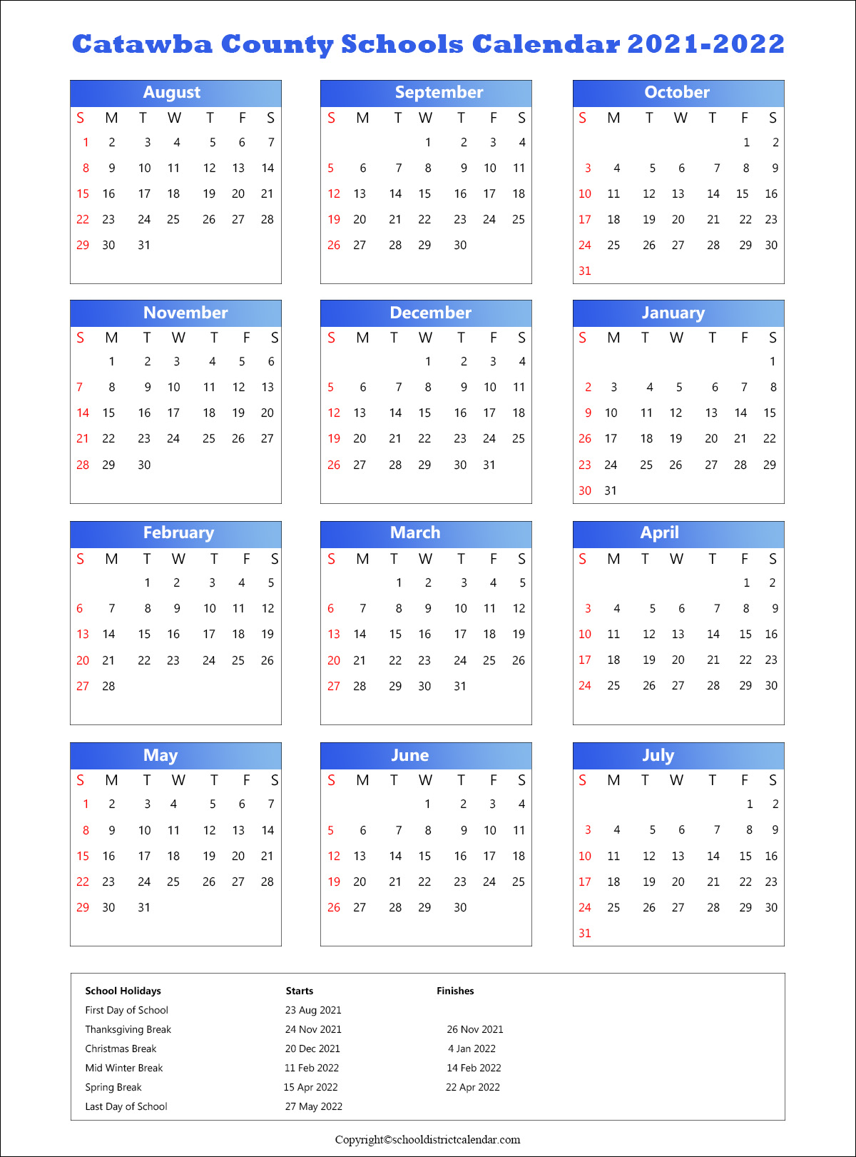 Catawba County Schools District Calendar 2021