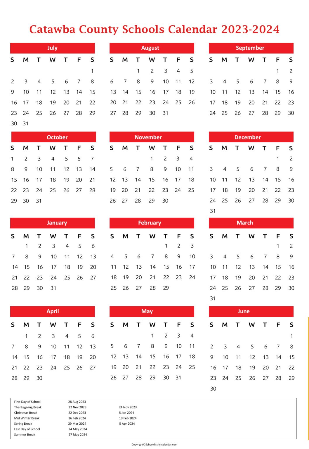 Catawba County Schools District Calendar Holidays 20252025