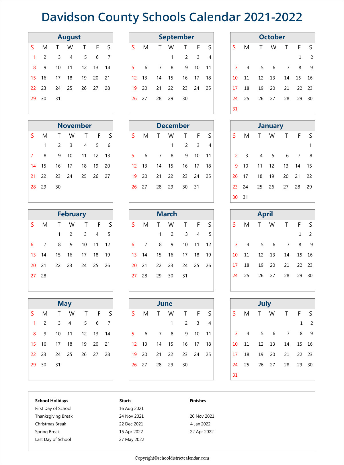 Davidson County Schools District Calendar Holidays 2021-2022