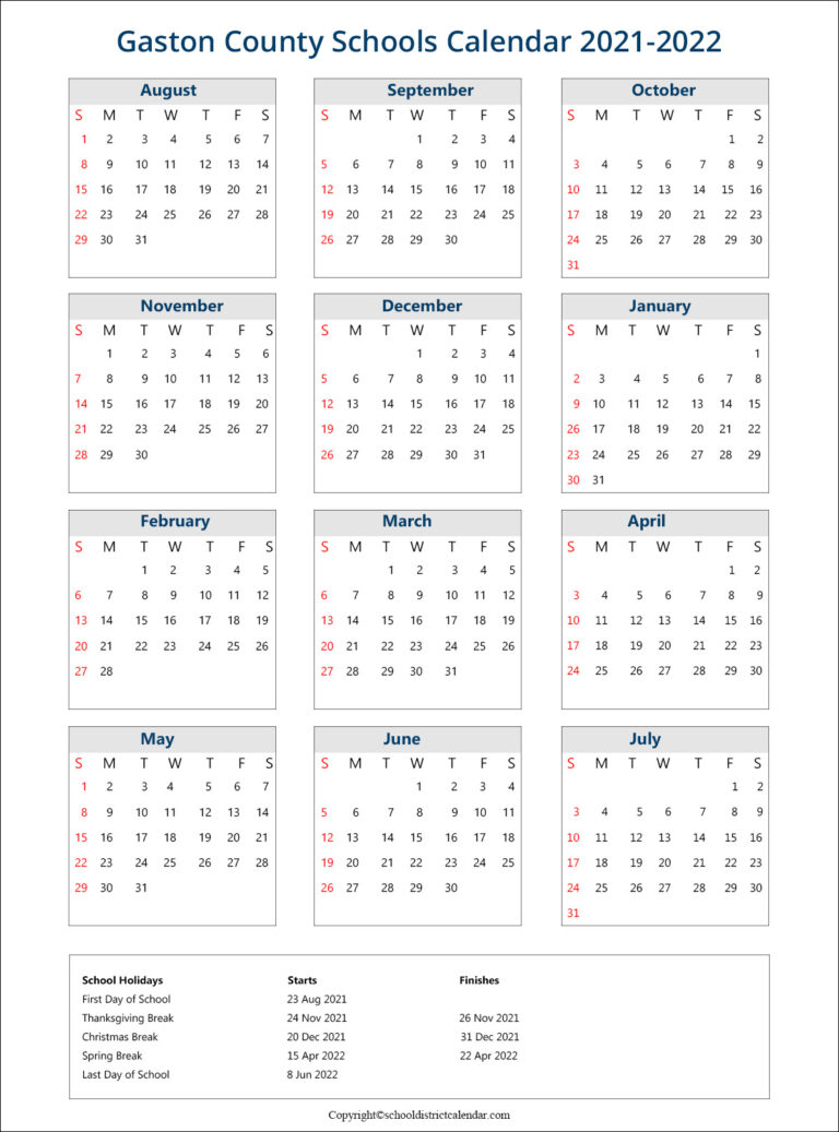 Gaston County Schools District Calendar Holidays 2021-2022