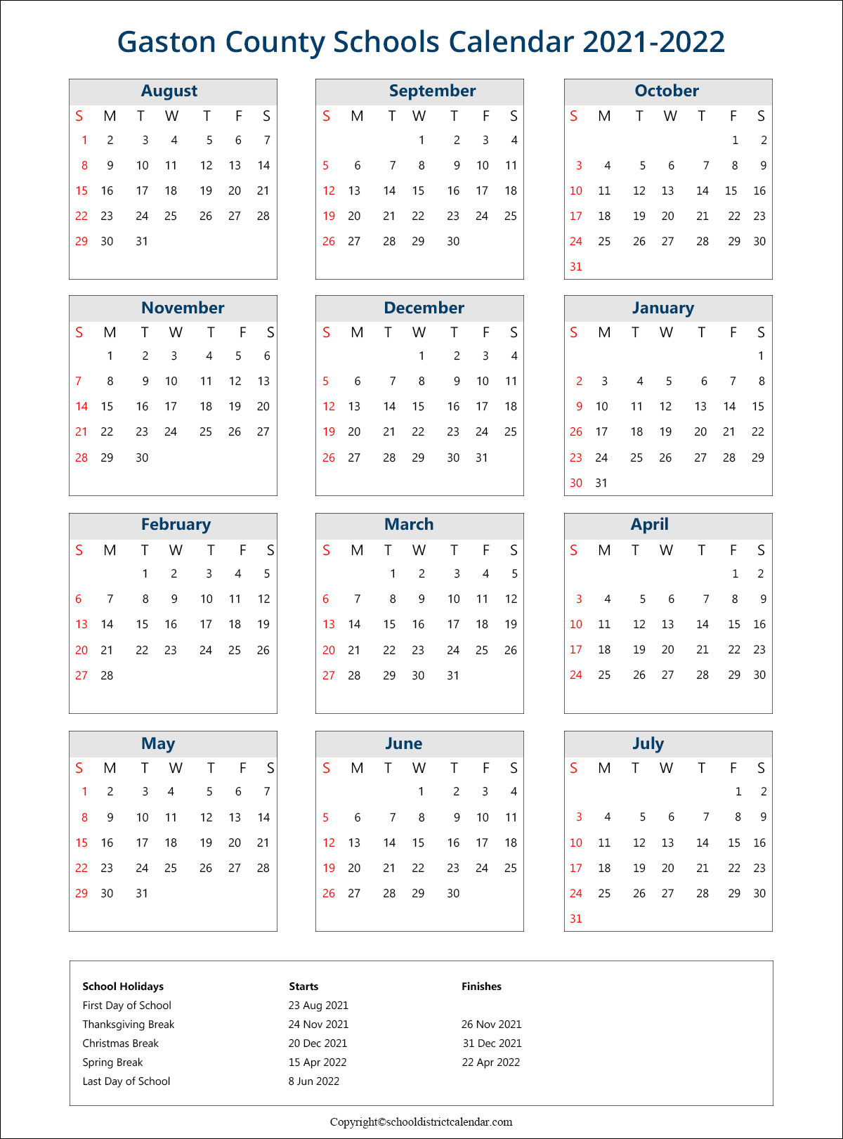 Gaston County Schools District, North Carolina Calendar Holidays 2021