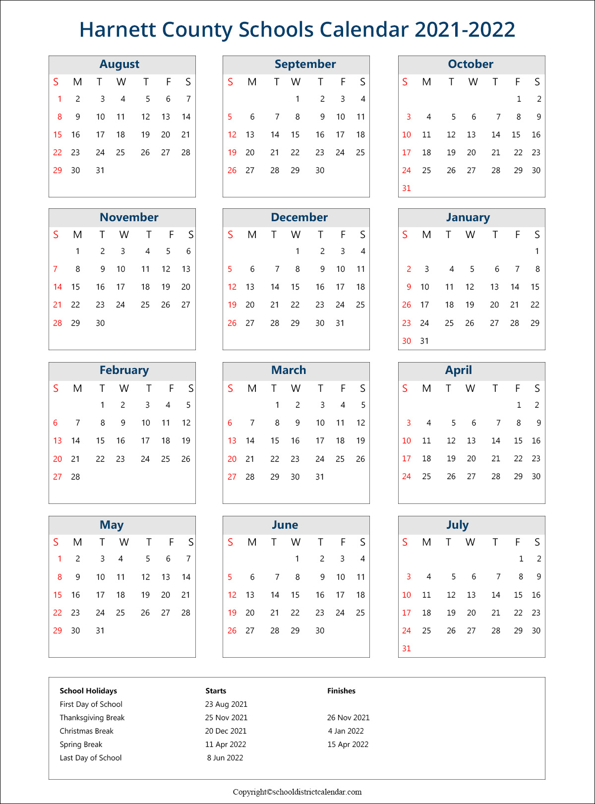 Harnett County Schools Calendar Holidays 2021-2022