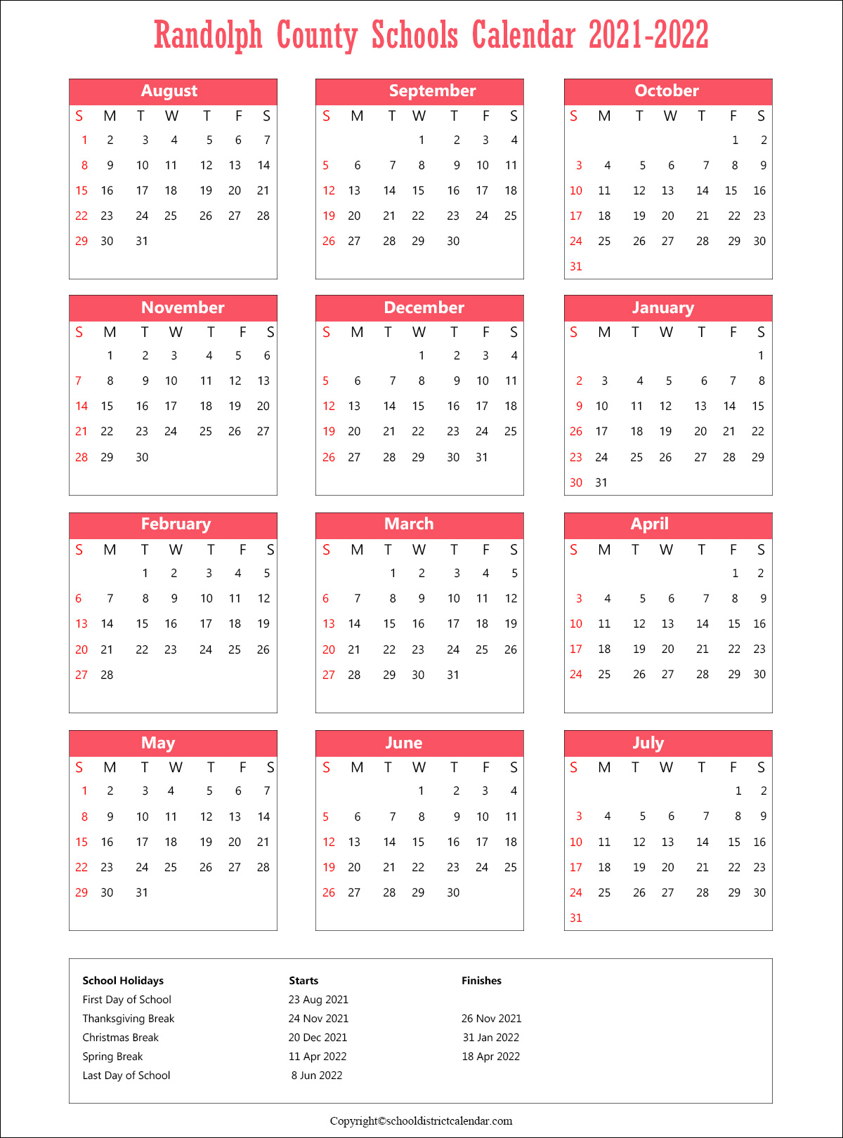 Randolph County Schools Calendar, Asheboro Holidays 2021