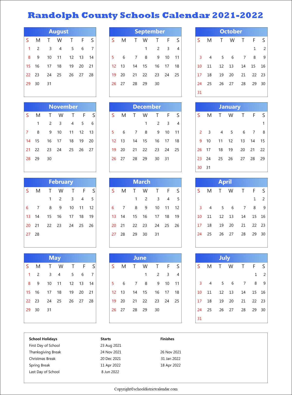 Randolph County Schools Calendar, Asheboro Holidays 2021