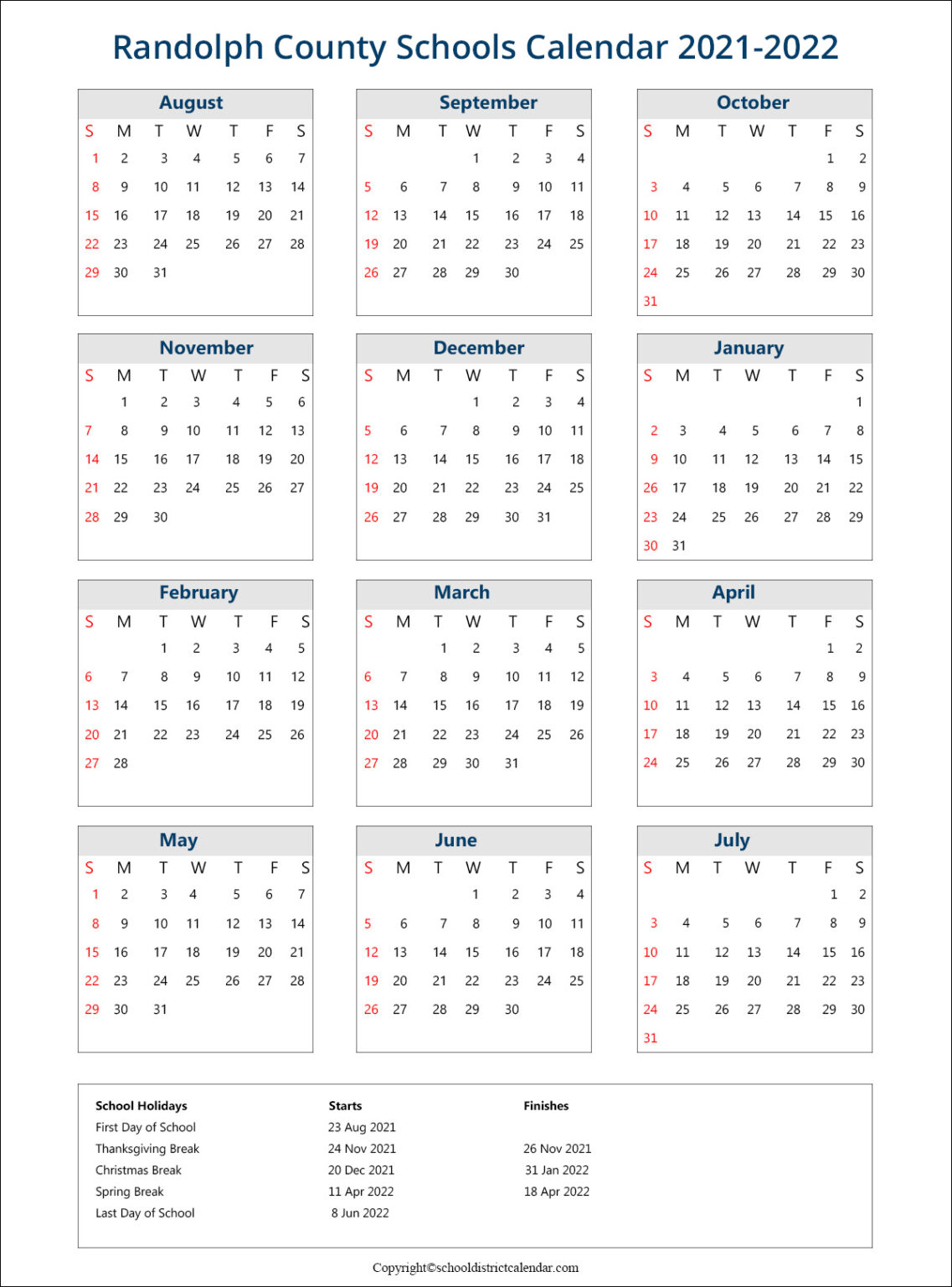 Randolph County Schools Calendar Holidays 20222023