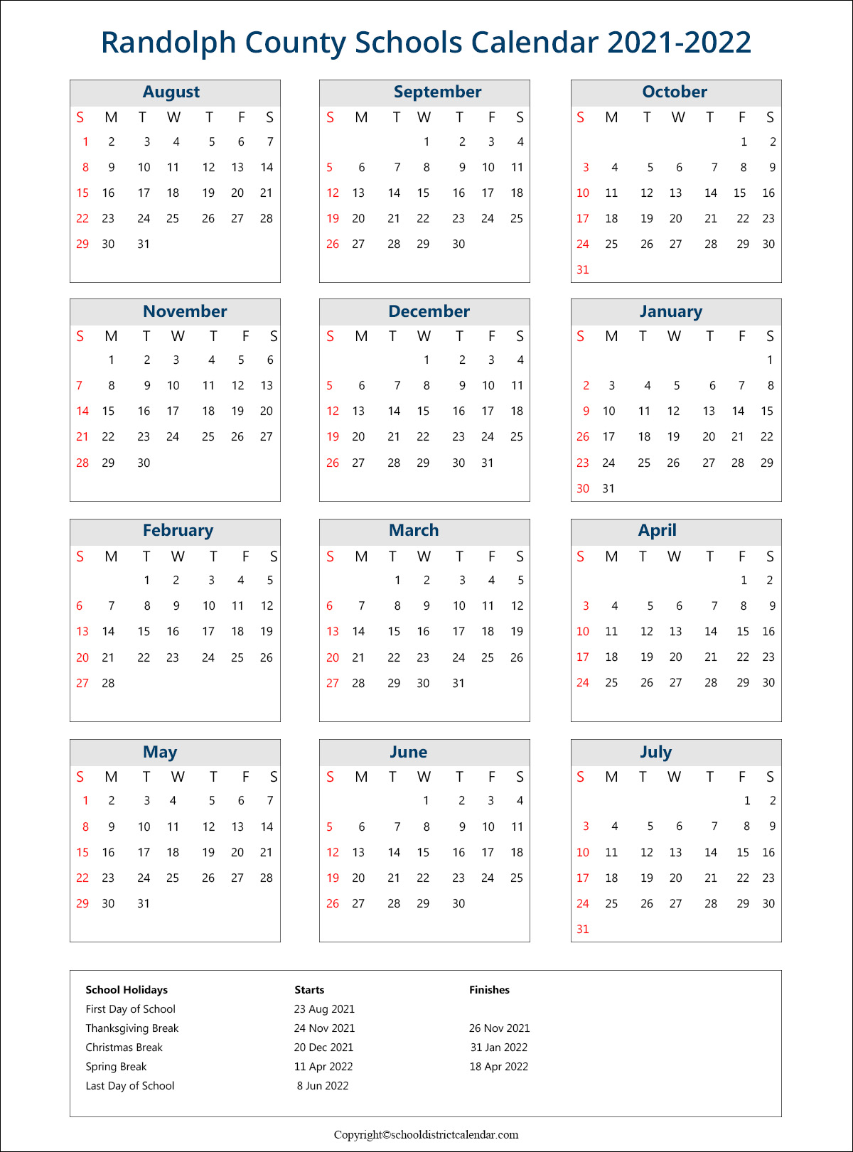 Randolph County Schools Calendar Holidays 2022-2023