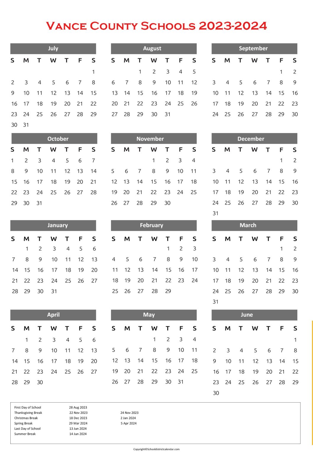 Vance County Schools Calendar Holidays 20232024