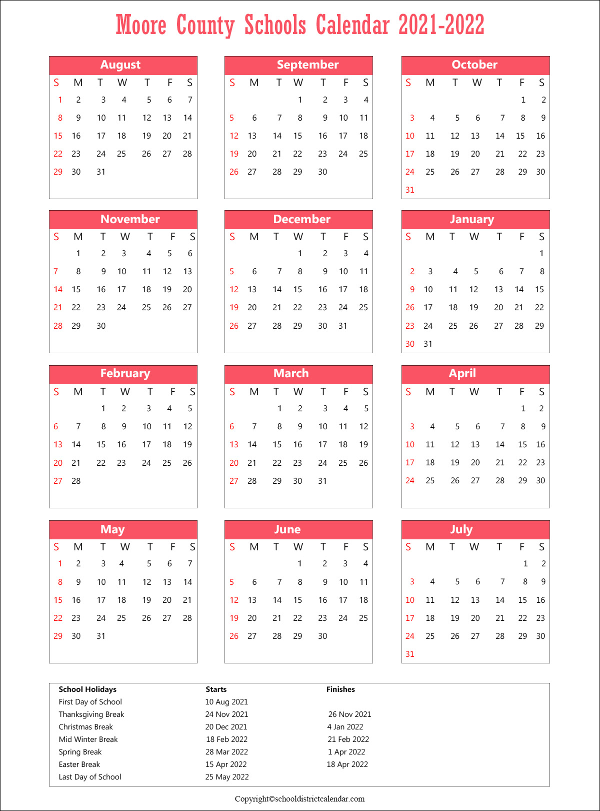 Moore County Schools Calendar, North Carolina Holidays 2021