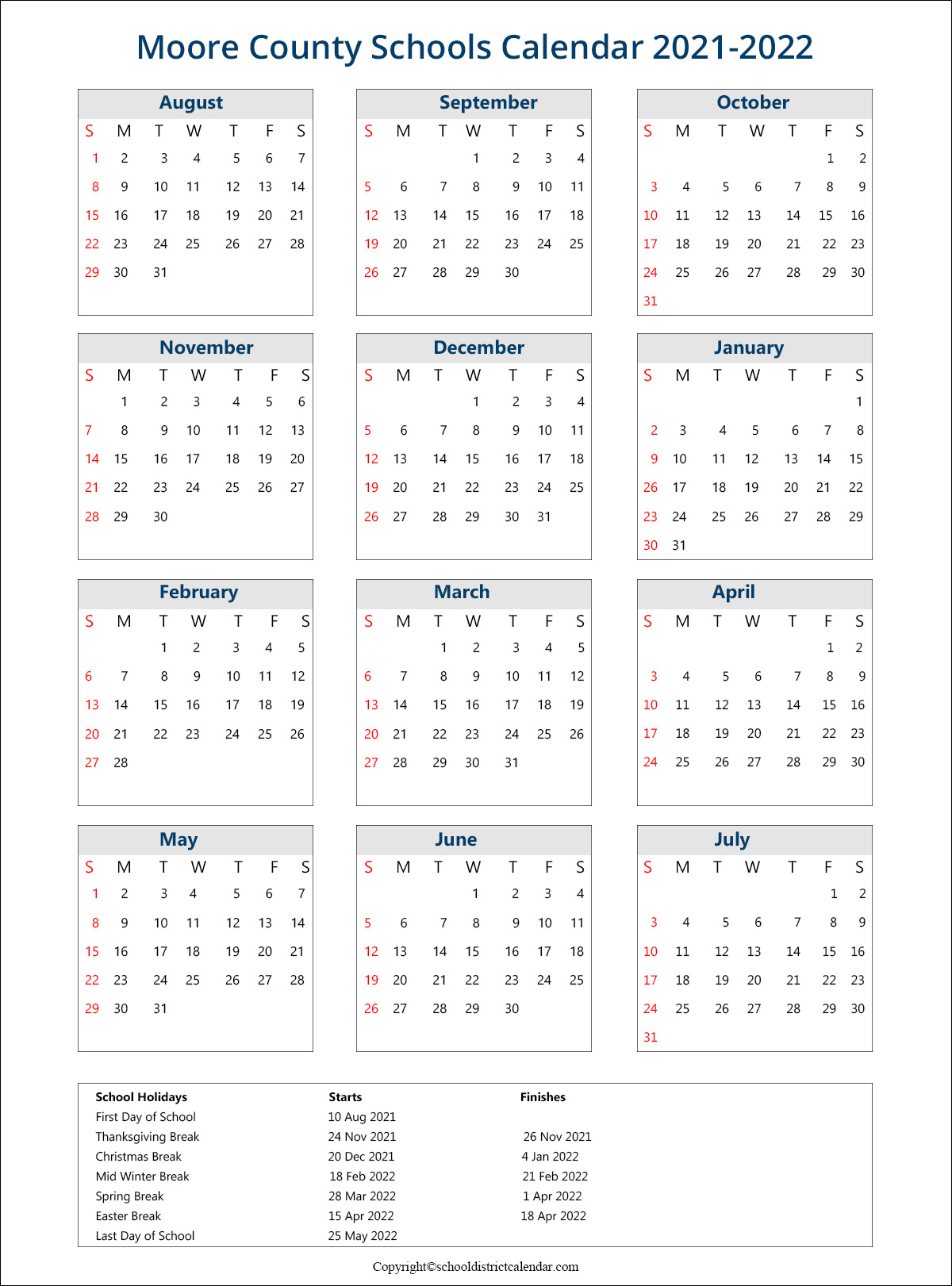 Moore County Schools Calendar 2021
