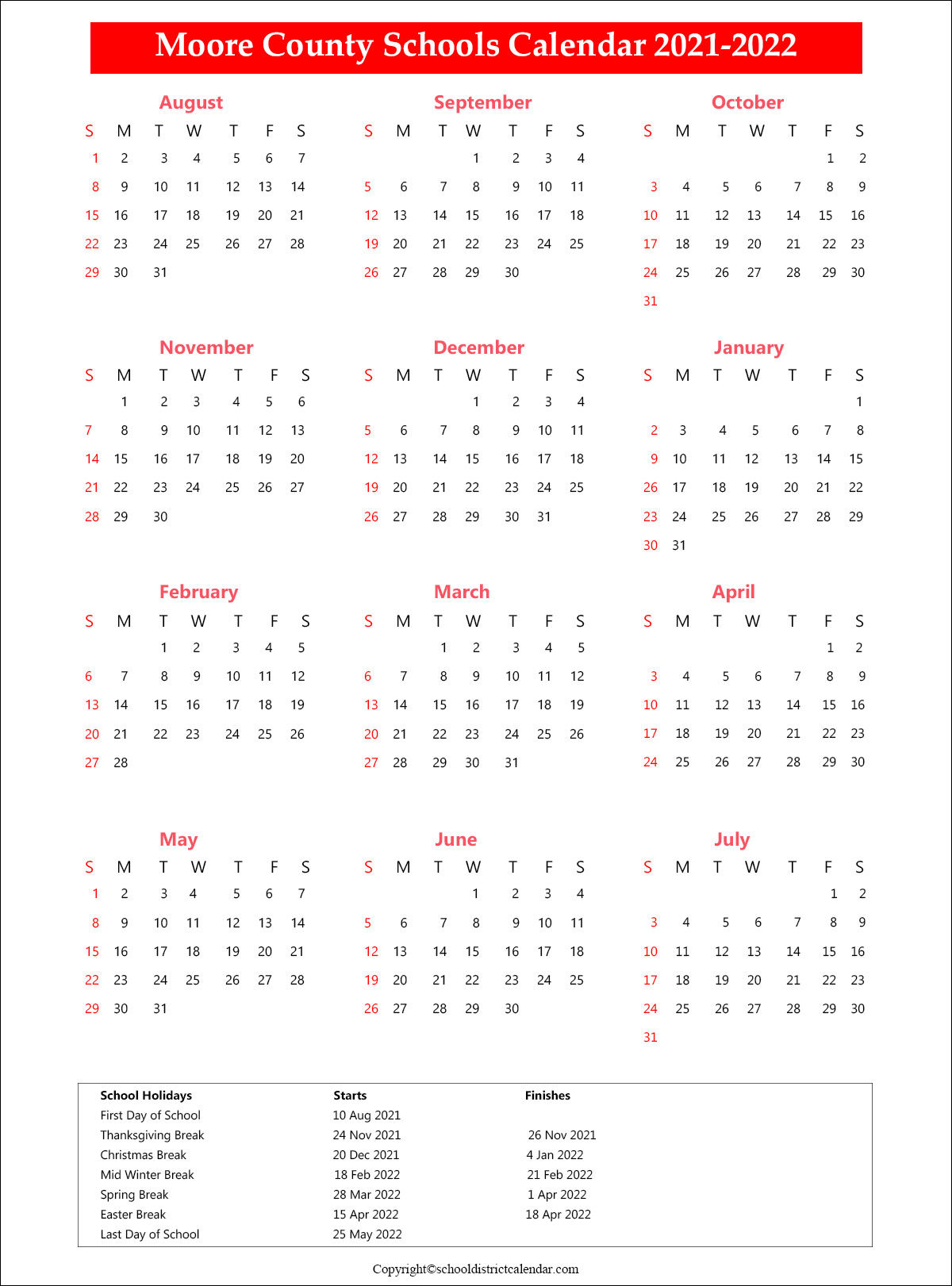 Moore County Schools Calendar 2021