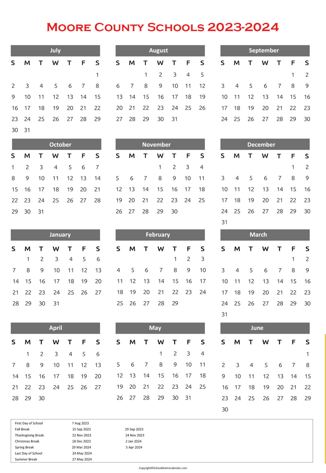 Moore County Schools Calendar Holidays 20232024