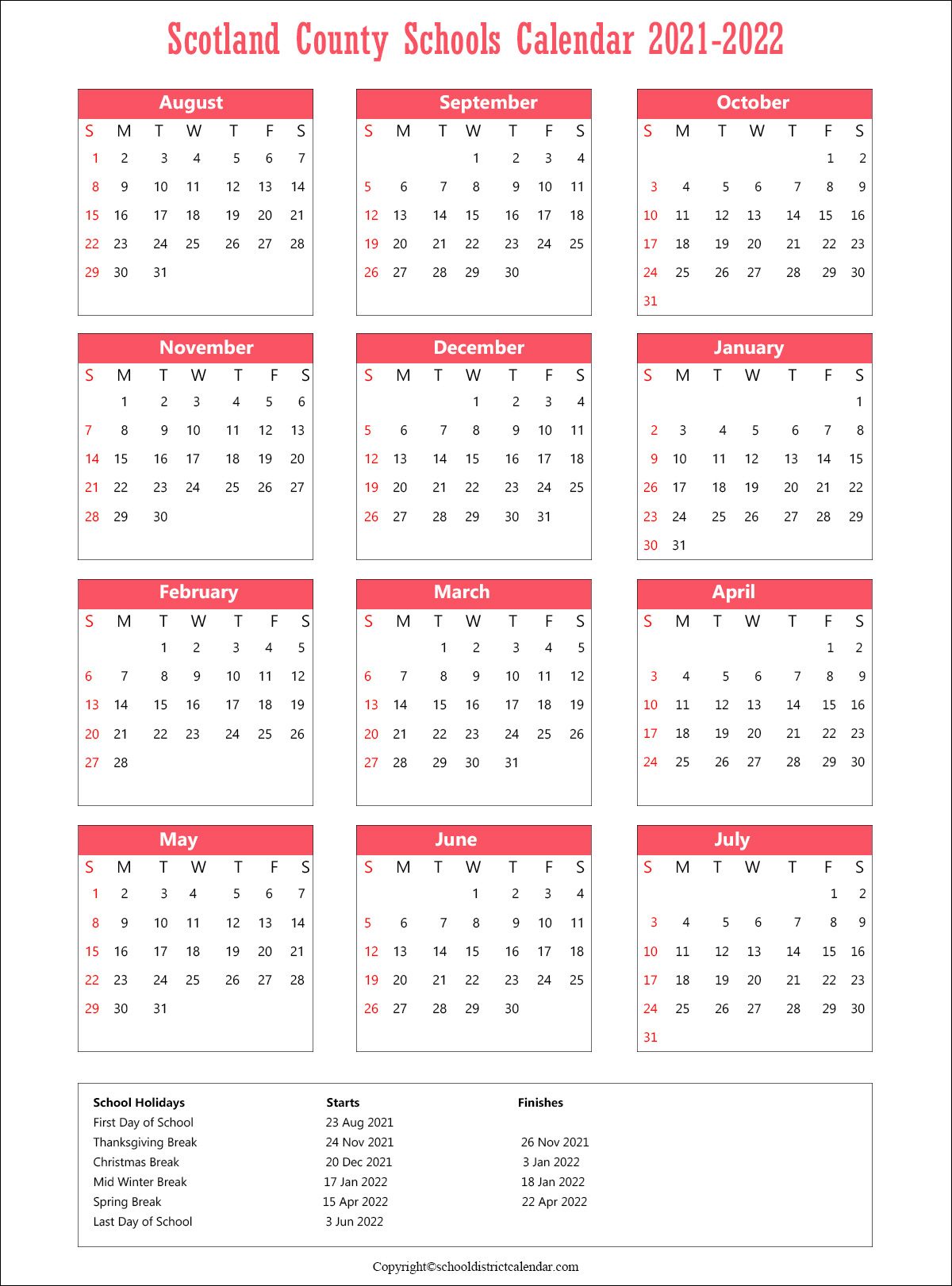 Scotland County Schools Calendar, Laurinburg Holidays 2021