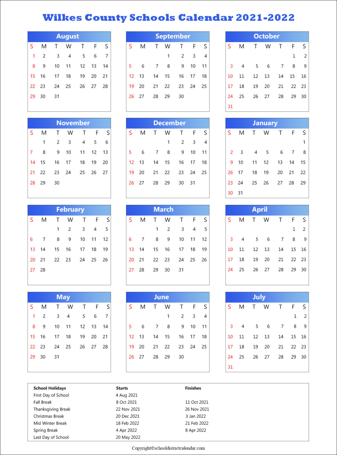 Wilkes County Schools Calendar Holidays 2021-2022