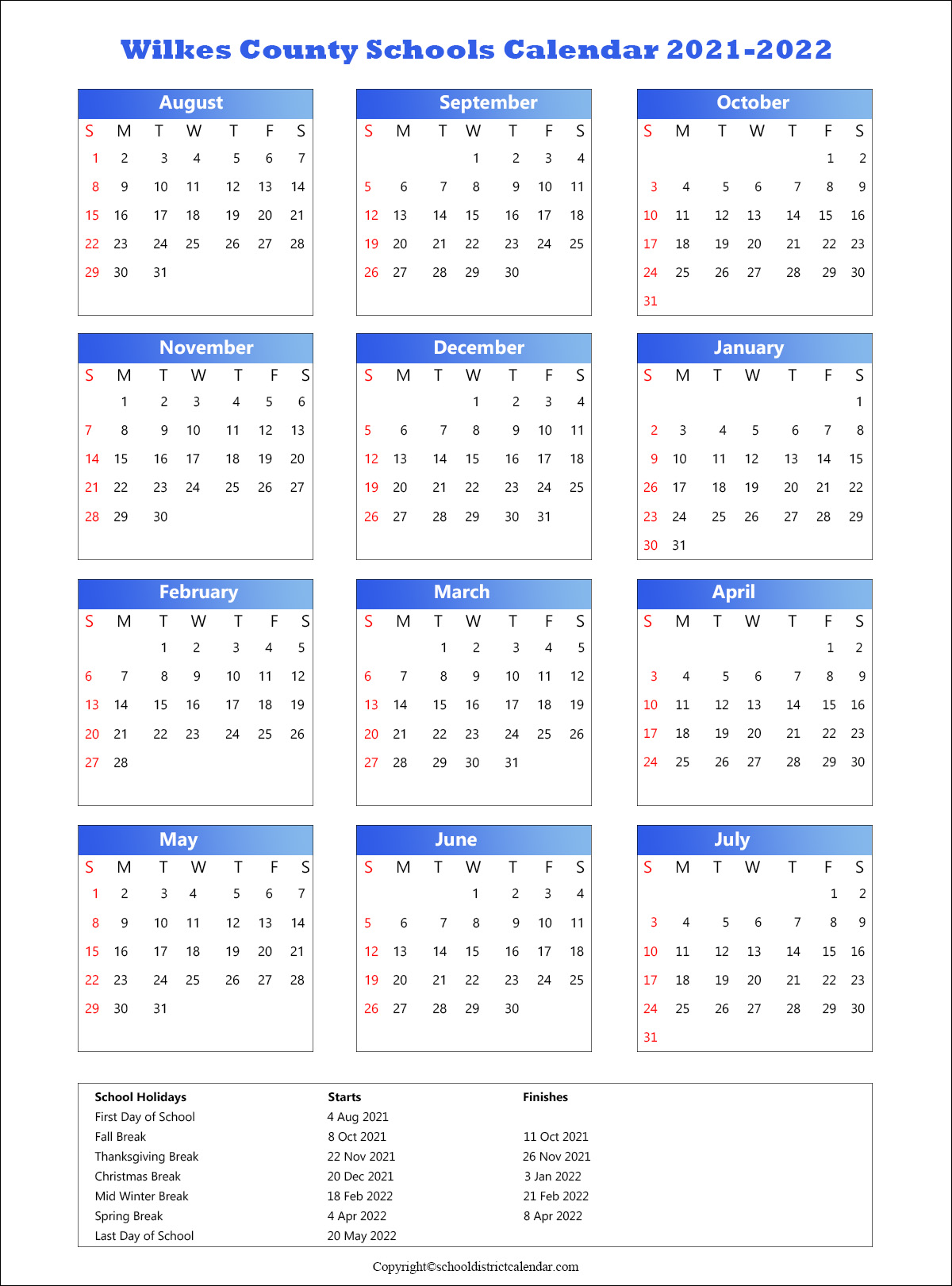 Wilkes County Schools Calendar, North Carolina Holidays 2021