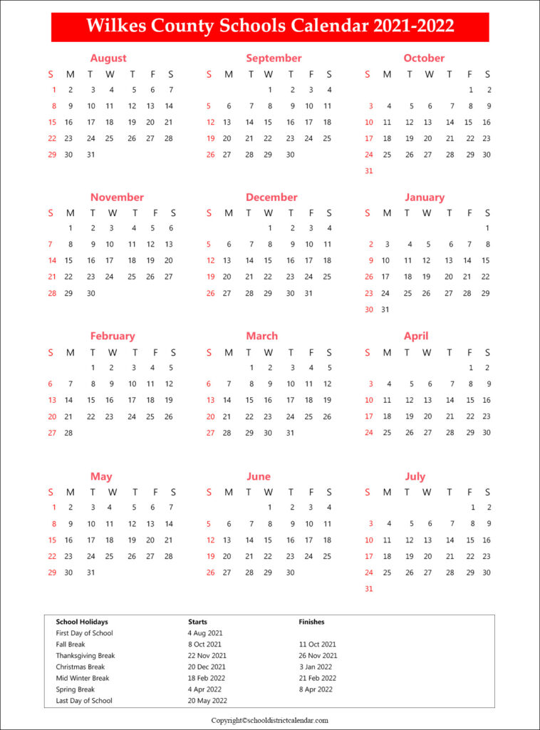 Wilkes County Schools Calendar Holidays 2021-2022