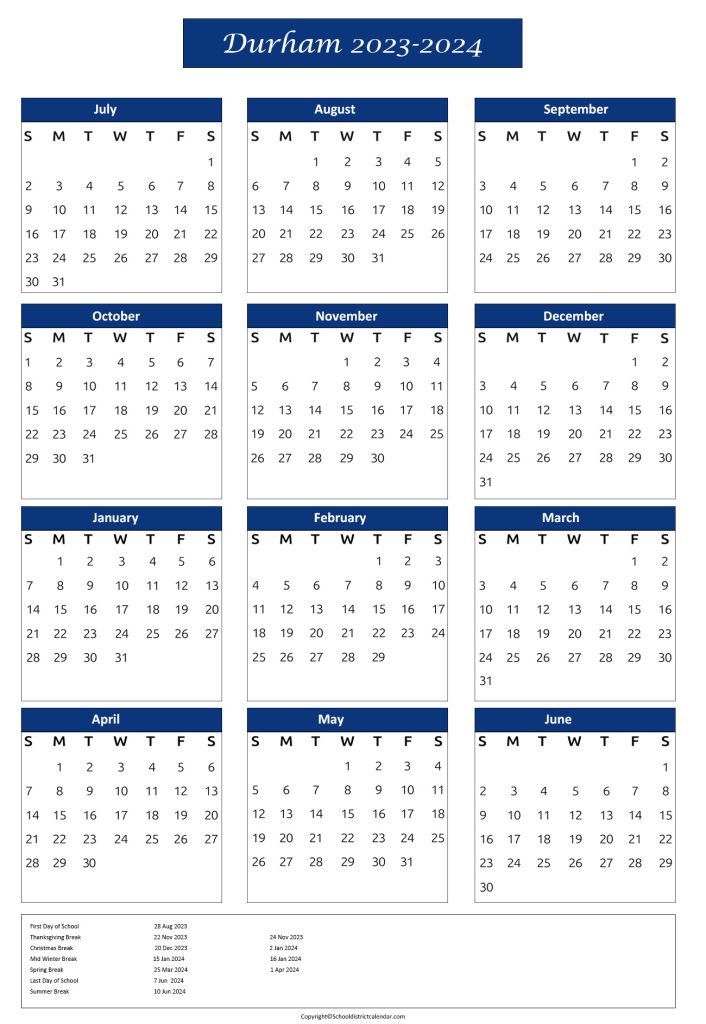Calendar for Durham Public Schools