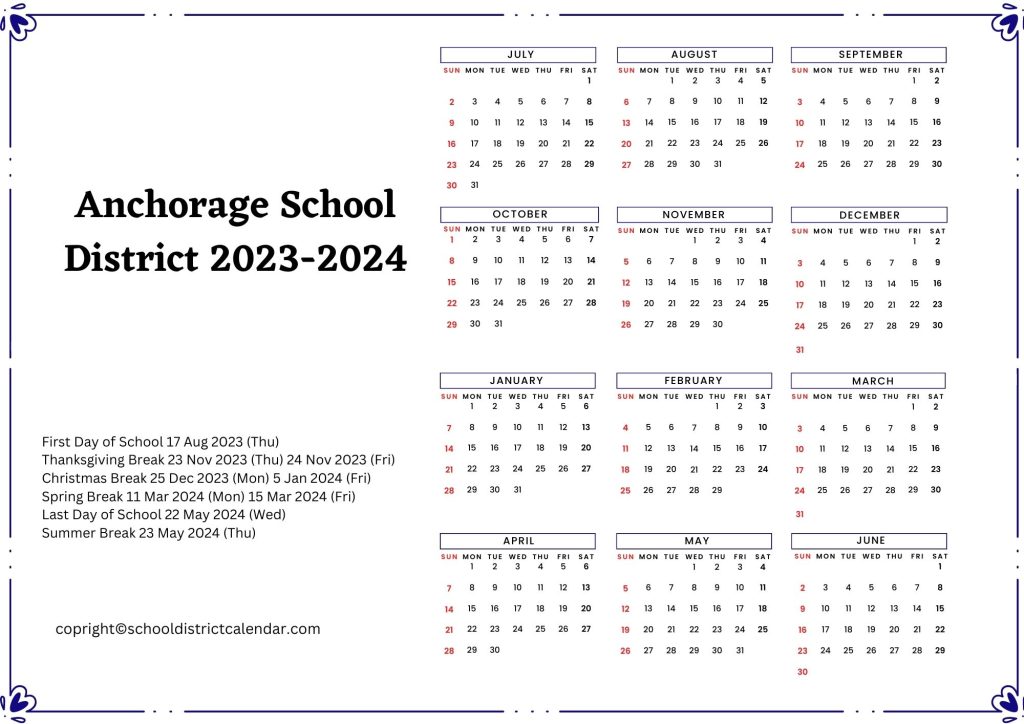 Anchorage School County District Holiday Calendar