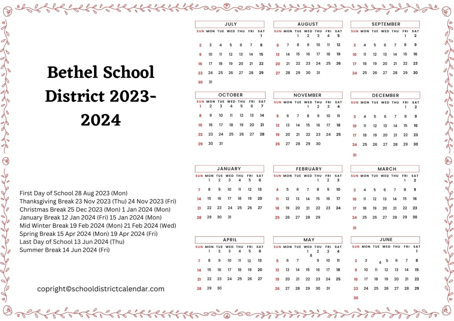 Bethel School District Calendar Holidays 20232024