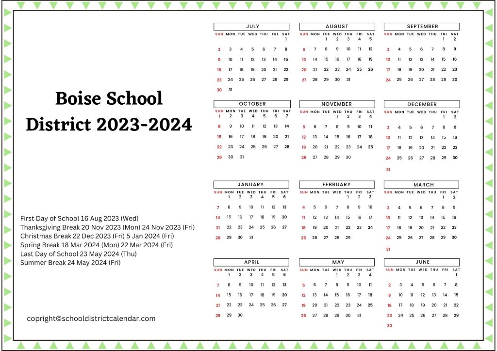 Boise City School District Holiday Calendar