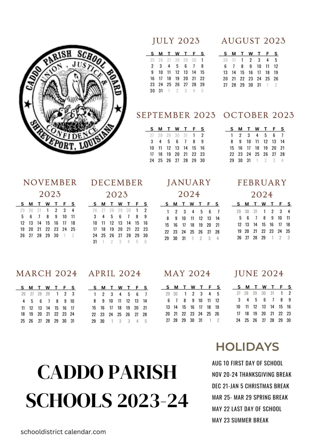Caddo Parish Schools Calendar Holidays 2023 2024