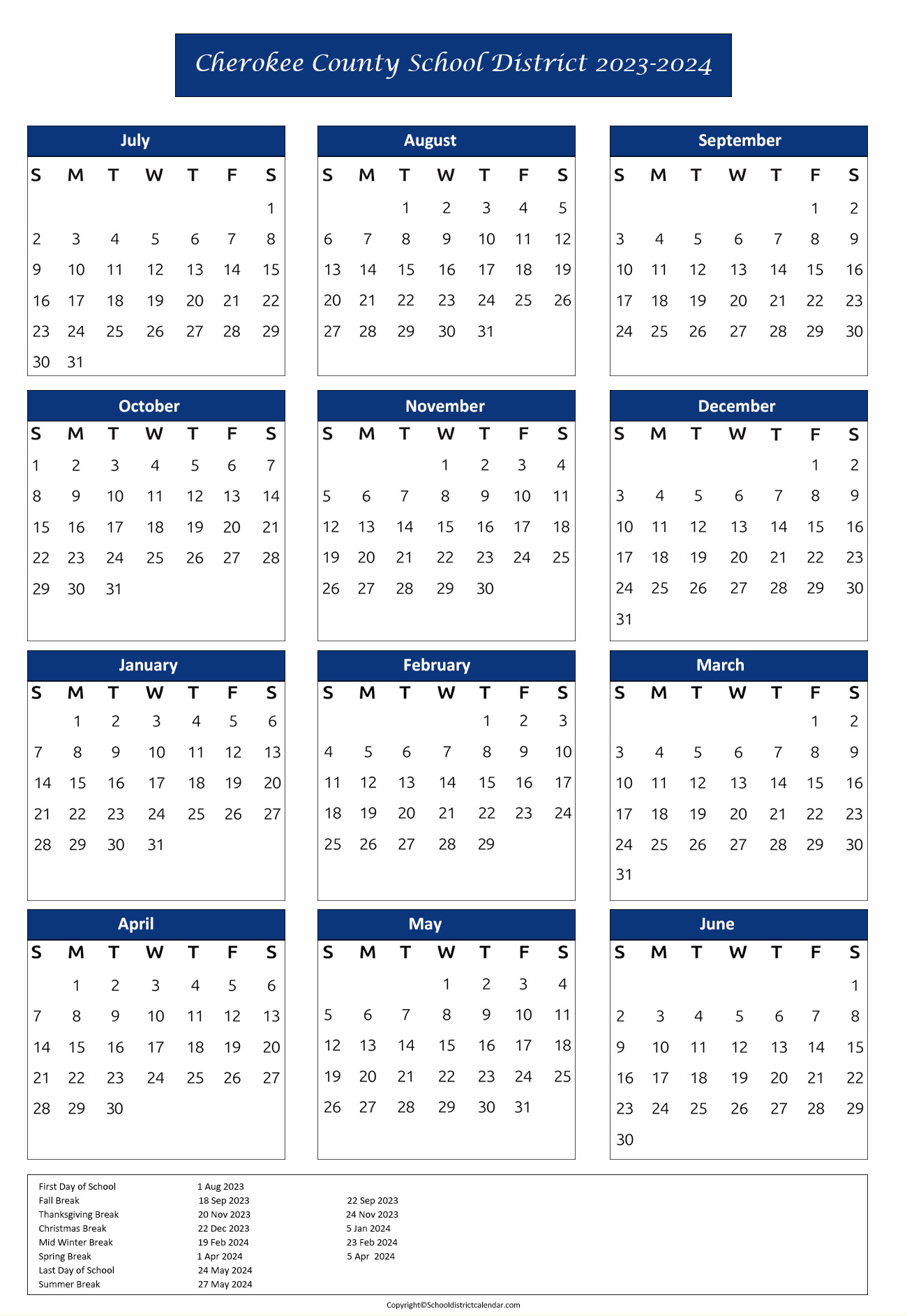 Cherokee County School District Calendar Holidays 20232024