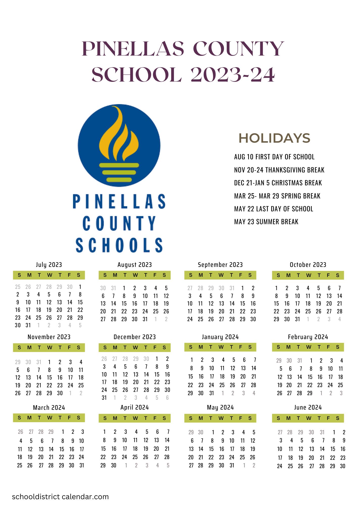 Pinellas County Schools Calendar Holidays 2023 2024
