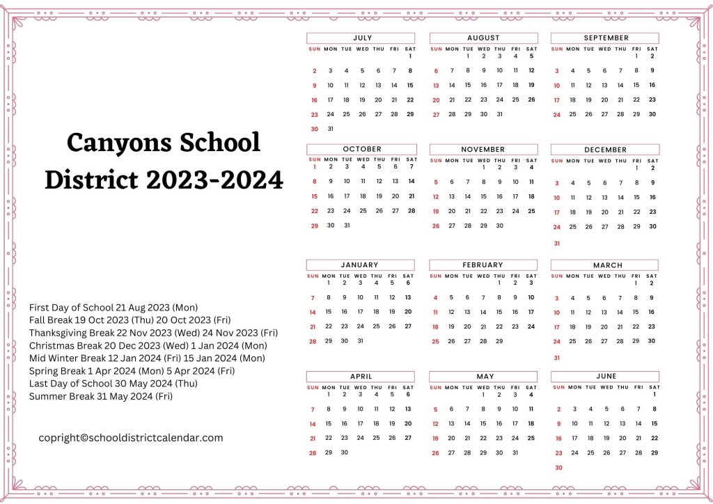 Canyons County School District Holiday Calendar