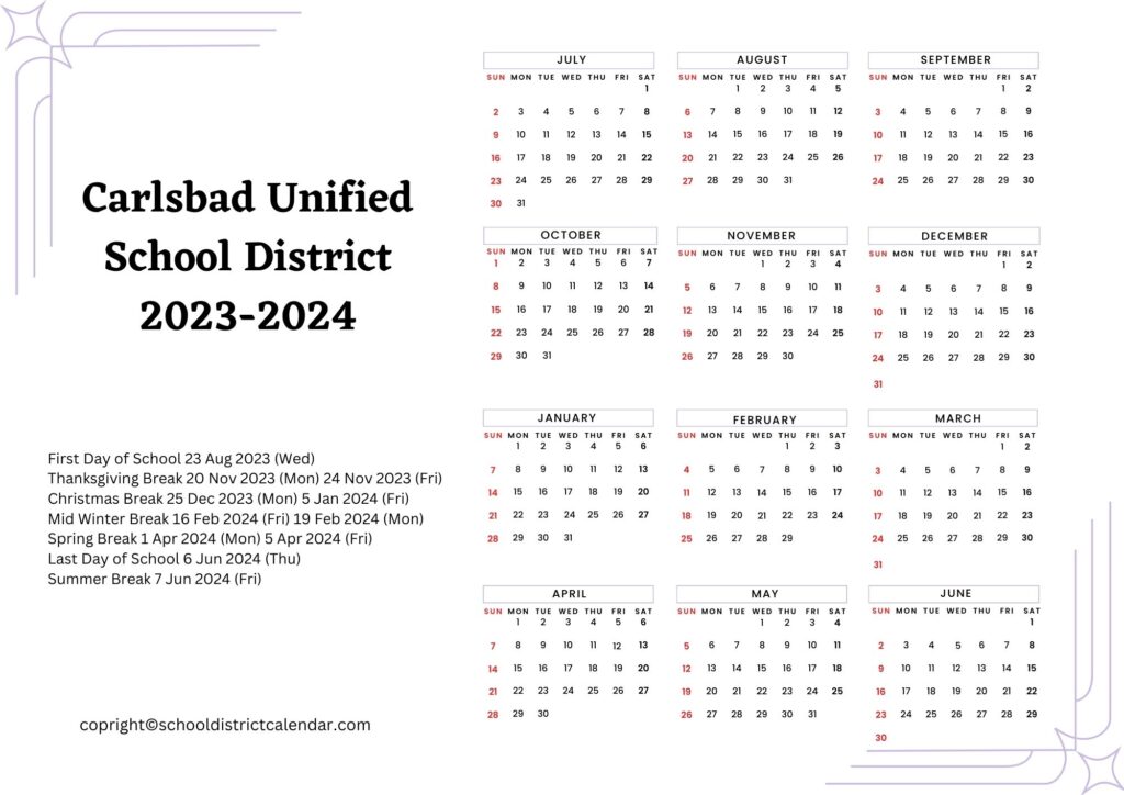 Carlsbad Unified County school district calendar