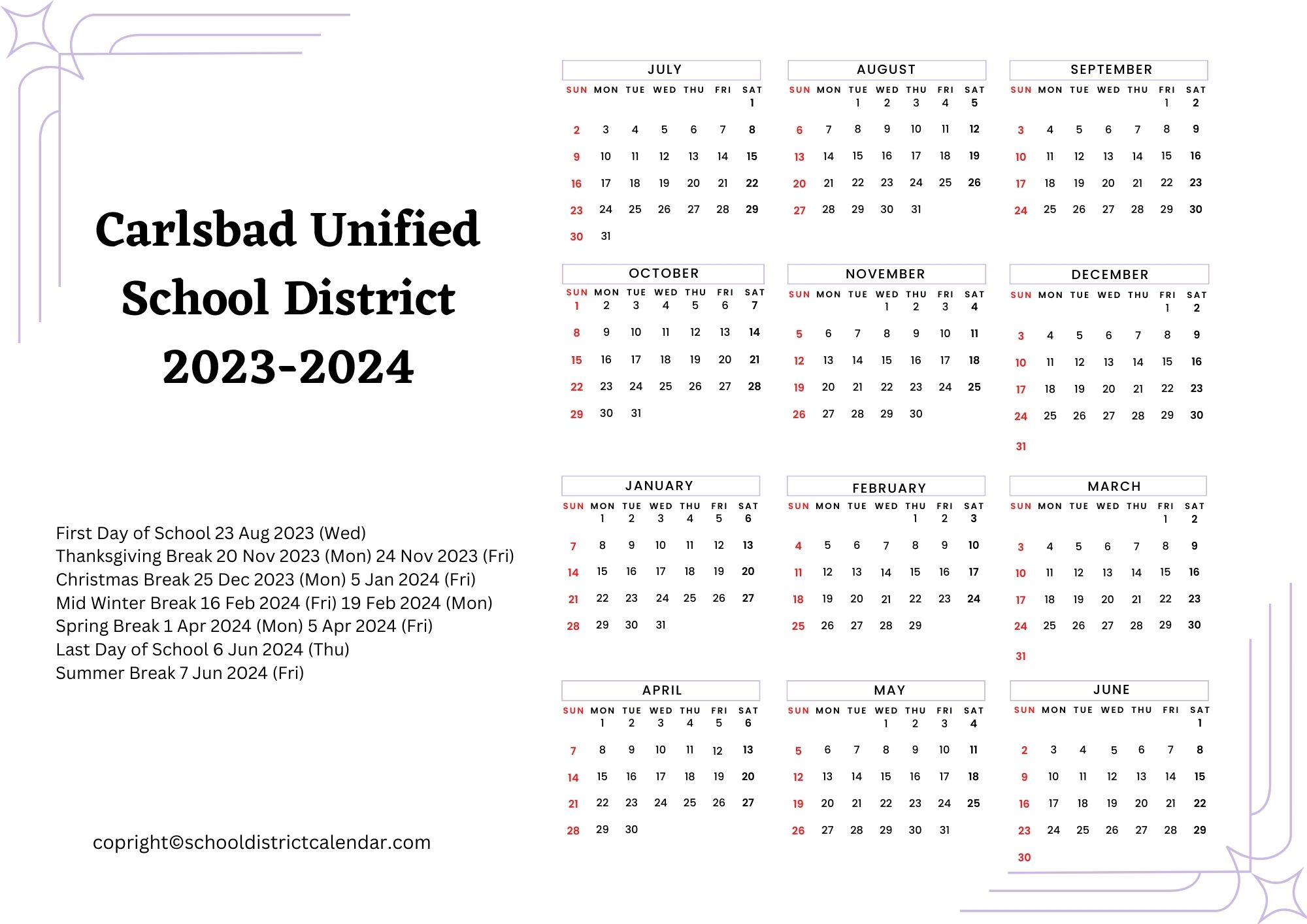 Carlsbad Unified School District Calendar Holidays 20232024